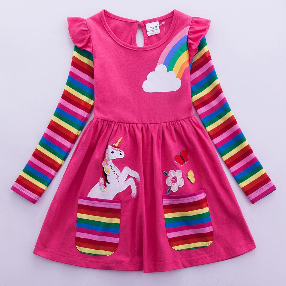 Embroidery Unicorn - فستان بناتي بأكمام طويلة وحيد القرن