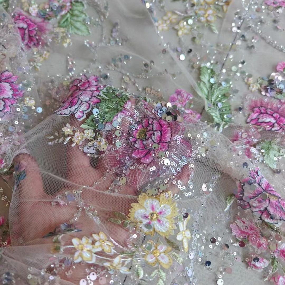 Embroidery Net Fabric - قماش دانتيل فاخر مطرز بالخرز بعرض